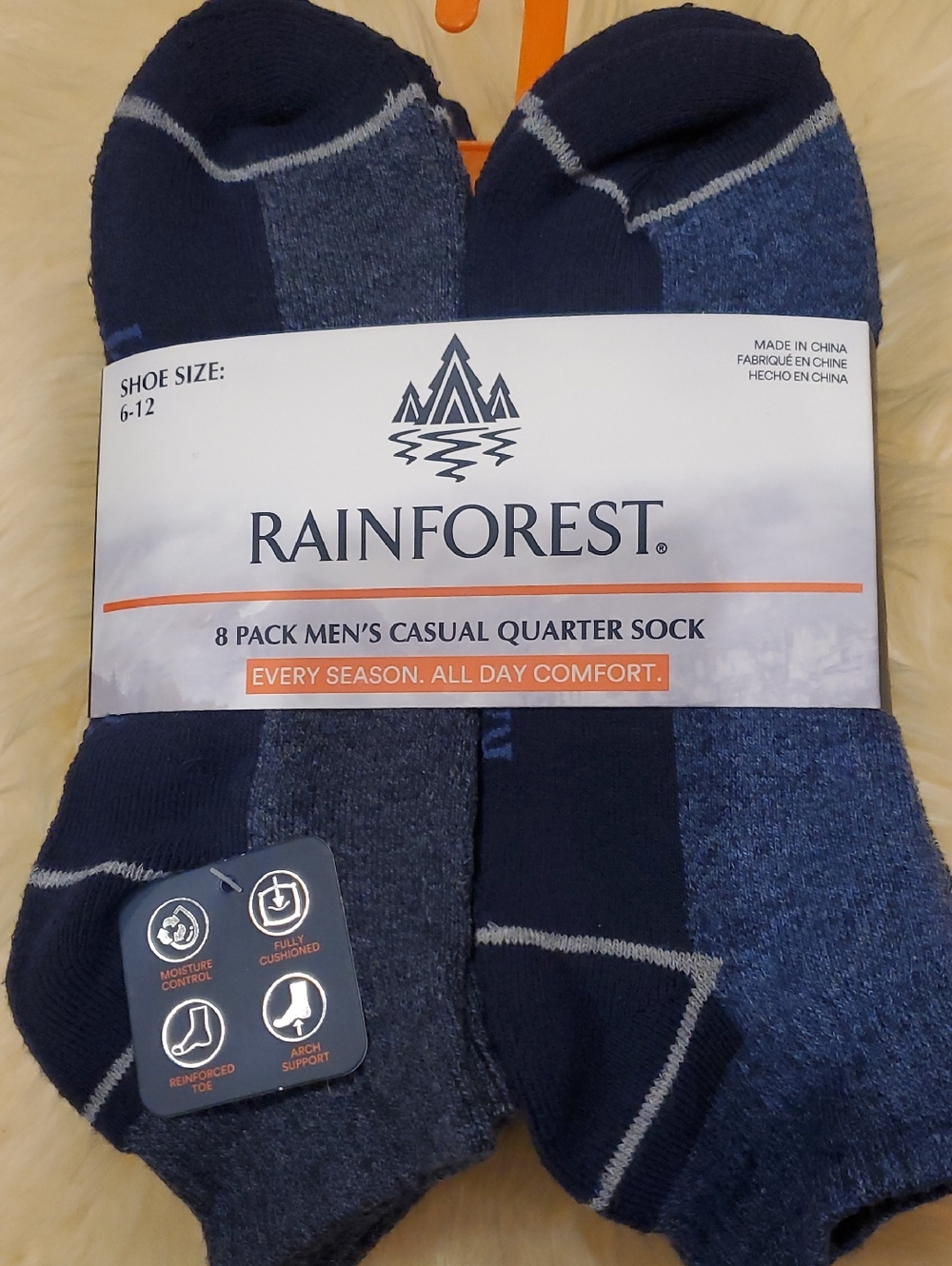 RAINFOREST Men’s Navy and Heather Blue Casual Quarter Socks - 8 Pack
